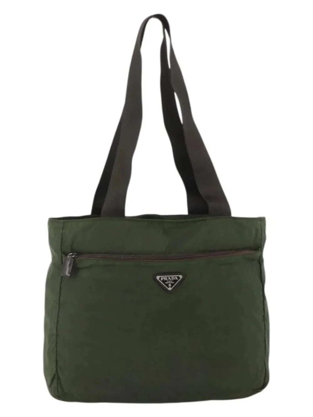 PRADA Tote Bag Nylon Khaki Silver Auth YKZ1160
